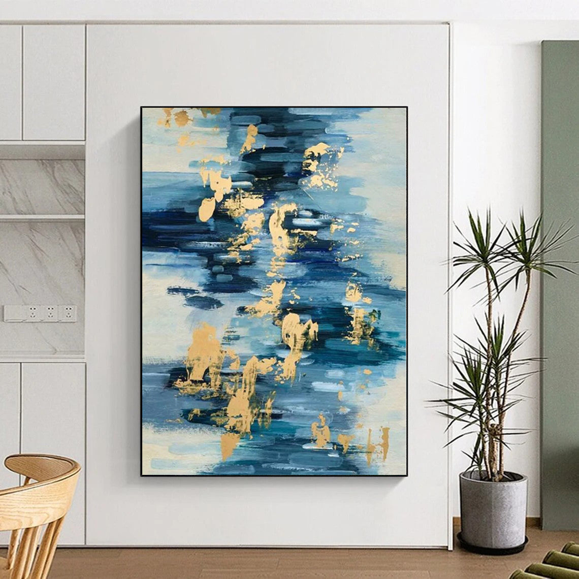 Hand-Painted Blue and Gold Abstract Water-like Textured Painting For Sale HS001