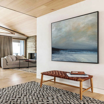 Horizontal Gray, Blue, and White Abstract Stormy Sea Scene, Abstract Oil Painting WB180