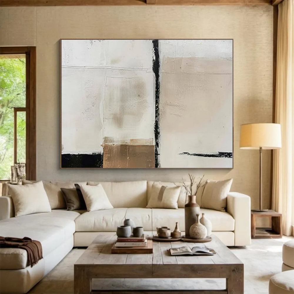 Handmade Art Beige, White, and Black Textured Abstract Painting On Canvas HS785
