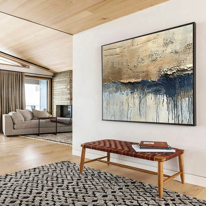 Extra Large Size Beige, Navy, and Gray Textured Abstract Art - Acrylic Painting WB281