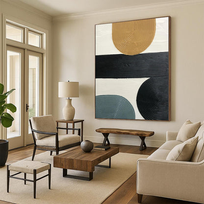 Hand-Painted Beige, Black, Gray, and White Abstract Curved Line Textured Painting For Sale HS037