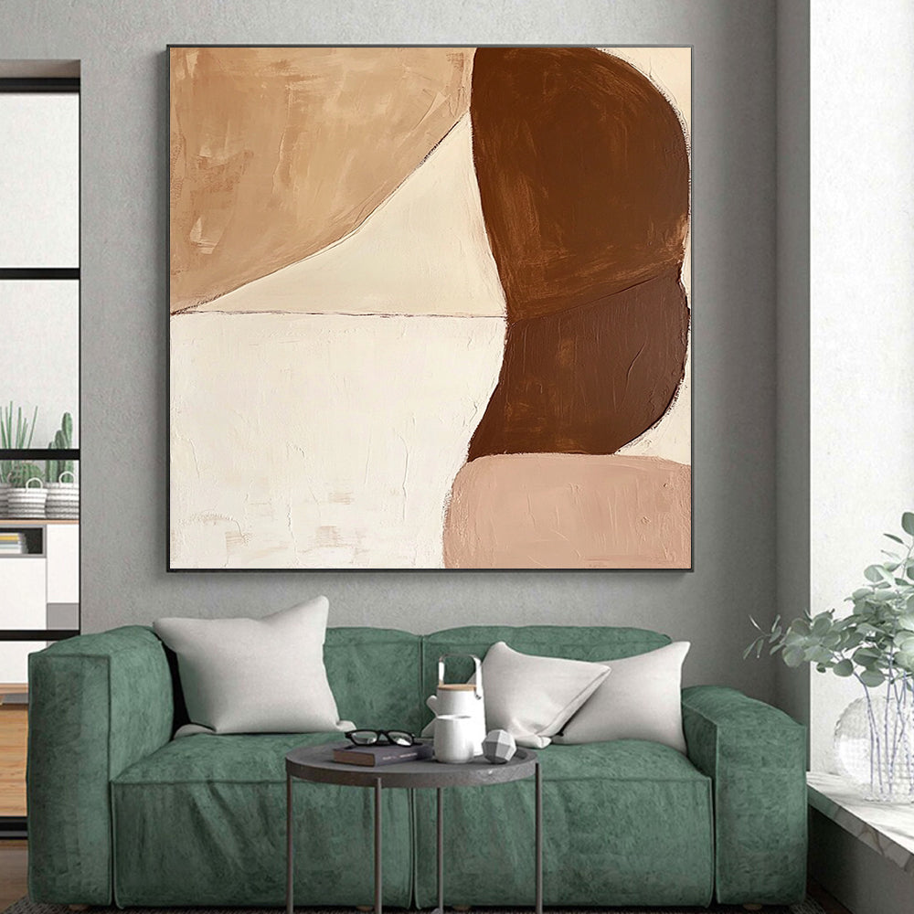 Hand-Painted Beige and Brown Abstract Shape Painting For Sale HS129