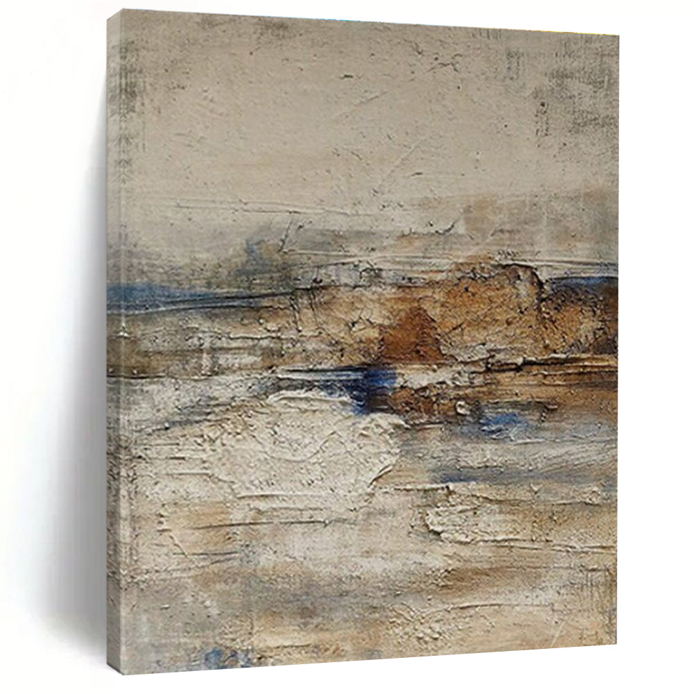 Handmade Art Beige, Brown, and Blue Textured Abstract Landscape HS630