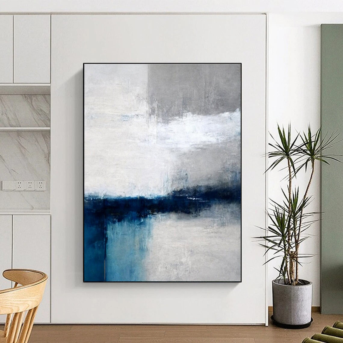 Modern Art Acrylic Blue, Gray, and White Abstract Landscape HS660