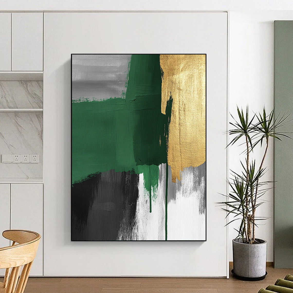 Handmade Art Green, Gold, and Gray Abstract Expressionist Art HS197