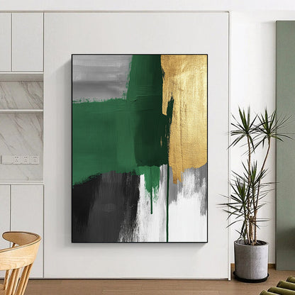 Handmade Art Green, Gold, and Gray Abstract Expressionist Art HS197
