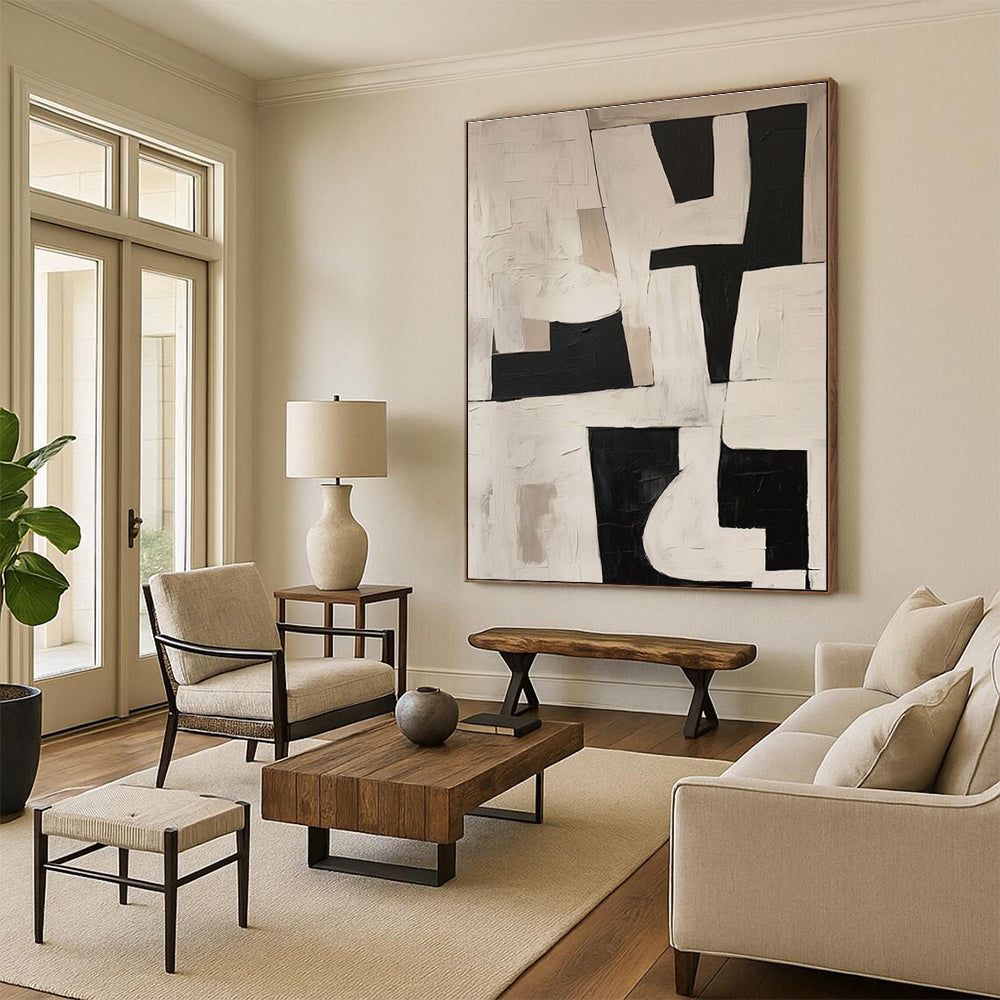 Acrylic Modern Art Paintings Black, White, and Beige Geometric Abstract Art HS759