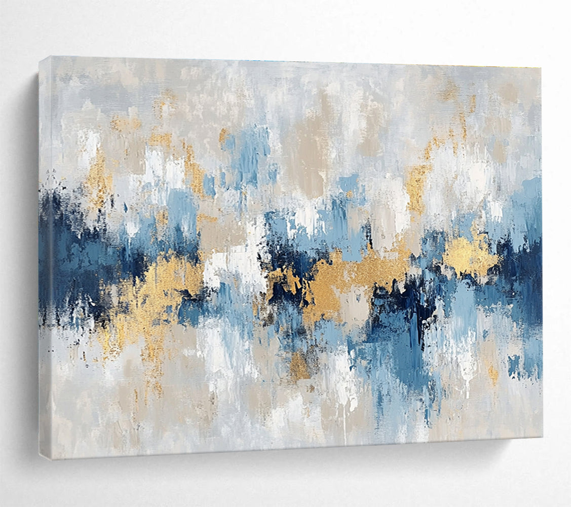 Horizontal Blue, Gray, and Gold Textured Abstract Painting WB263