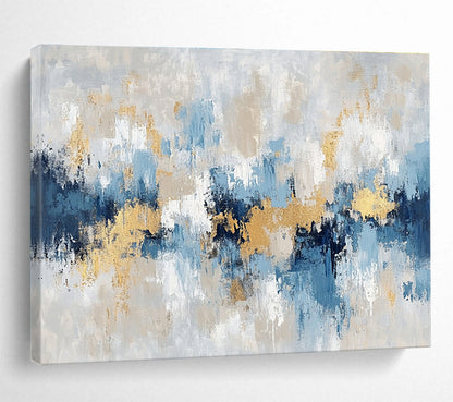 Horizontal Blue, Gray, and Gold Textured Abstract Painting WB263