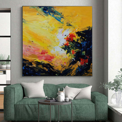Hand-Painted Yellow, Red, and Blue Abstract Expressive Painting For Sale HS068