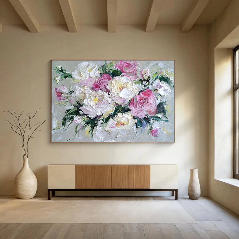 Hand Painted Art with Pink, White and Green Colors, Peony Bouquet Theme Abstract Painting WB321