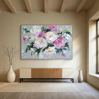 Hand Painted Art with Pink, White and Green Colors, Peony Bouquet Theme Abstract Painting WB321