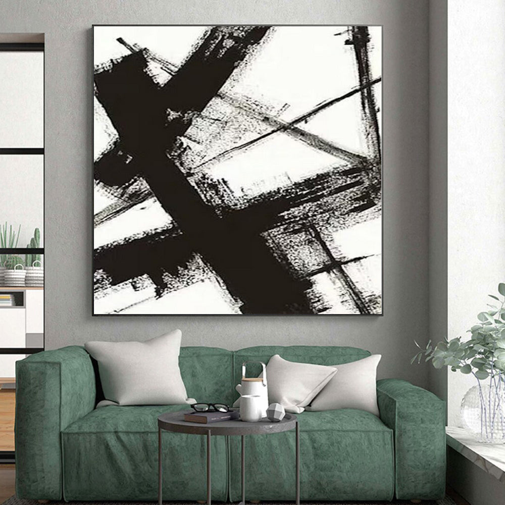 Hand-Painted Black and White Abstract Geometric Painting For Sale HS014