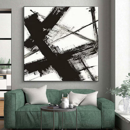 Hand-Painted Black and White Abstract Geometric Painting For Sale HS014