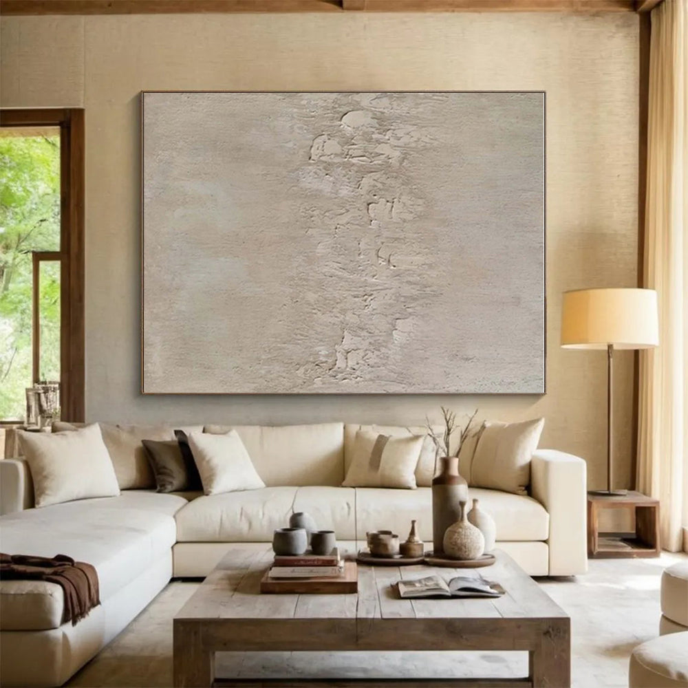 Hand-Painted Minimalist Canvas Art in Beige with Textured Details - Large Painting In Living Room HS505