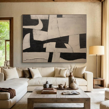 Hand-Painted Black & White Geometric Abstract, Acrylic Modern Art Painting HS317
