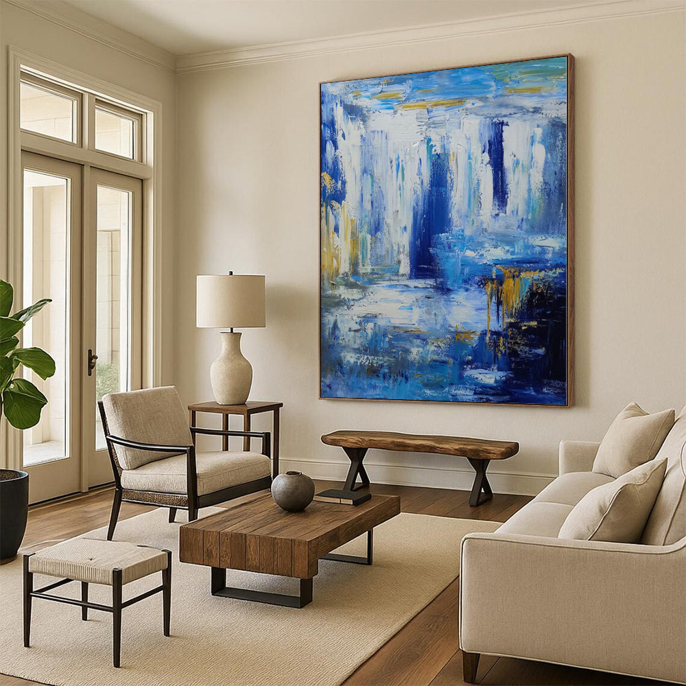 Hand-Painted Blue and Gold Abstract Waterfall Painting For Sale HS065