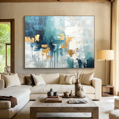 Extra Large Size Teal, Gold and White Abstract Expressionist Painting WB204
