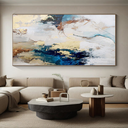 Hand-Painted Blue, Beige, and Gold Abstract Textured Painting For Sale HS011