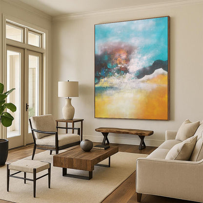 Hand Painted Art Teal & Yellow Textured Abstract, Acrylic Modern Art Paintings HS457