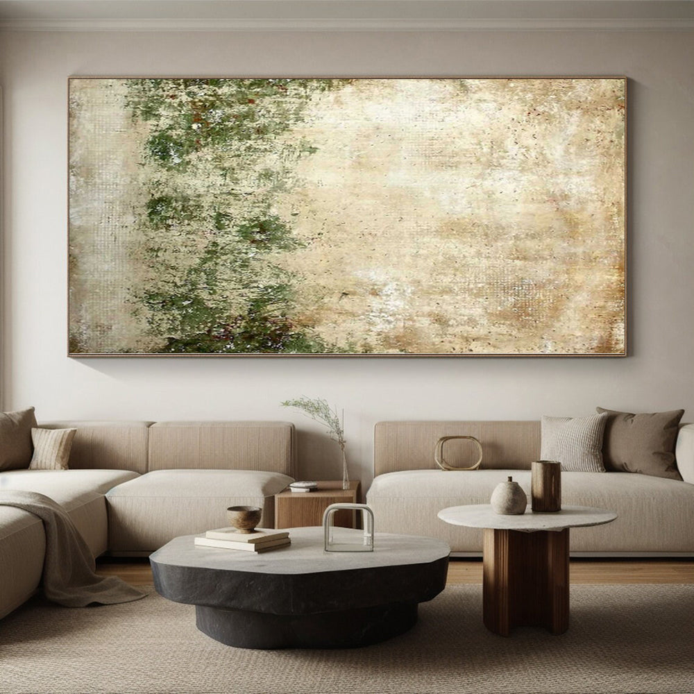 Hand Painted Art Beige and Green Abstract Textured Landscape Painting For Sale HS073