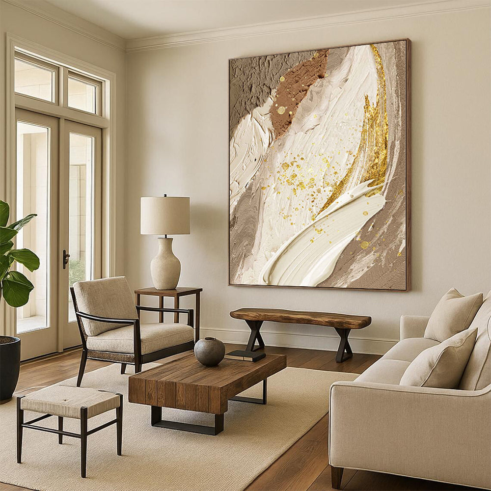 Handmade Art Beige, Gold, and Brown Abstract Textured Painting For Sale HS072