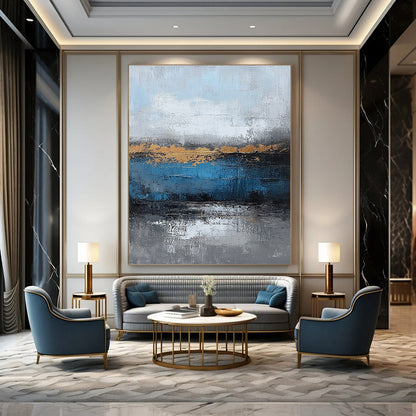 Blue, Gray, Gold Abstract Textured Art For Living Room and Bedroom WS429
