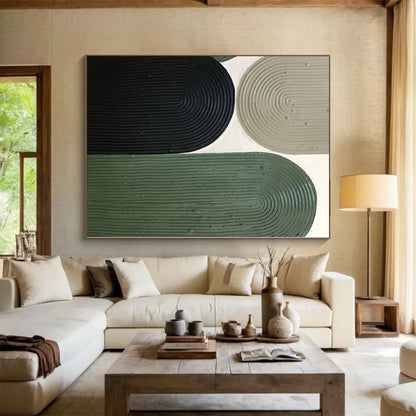 Hand-Painted Green, Black, and Beige Abstract Curved Shape Textured Painting For Sale HS030