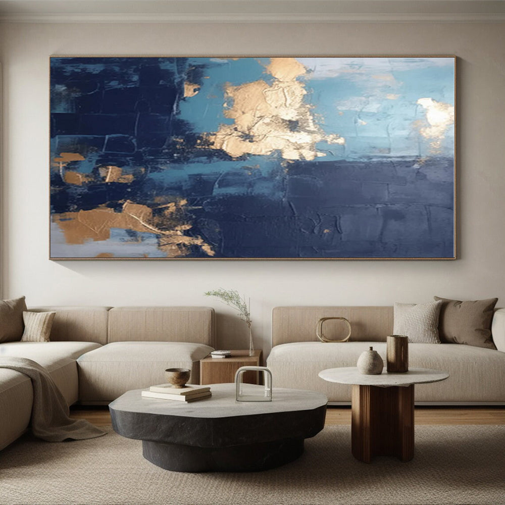 Handmade Art Teal, Gold & Gray Textured Abstract, Large Contemporary Wall Art HS233