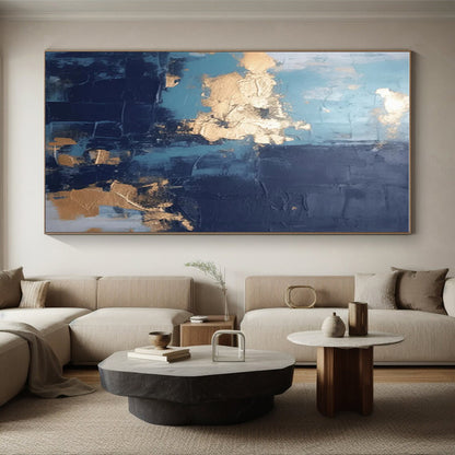 Handmade Art Teal, Gold & Gray Textured Abstract, Large Contemporary Wall Art HS233