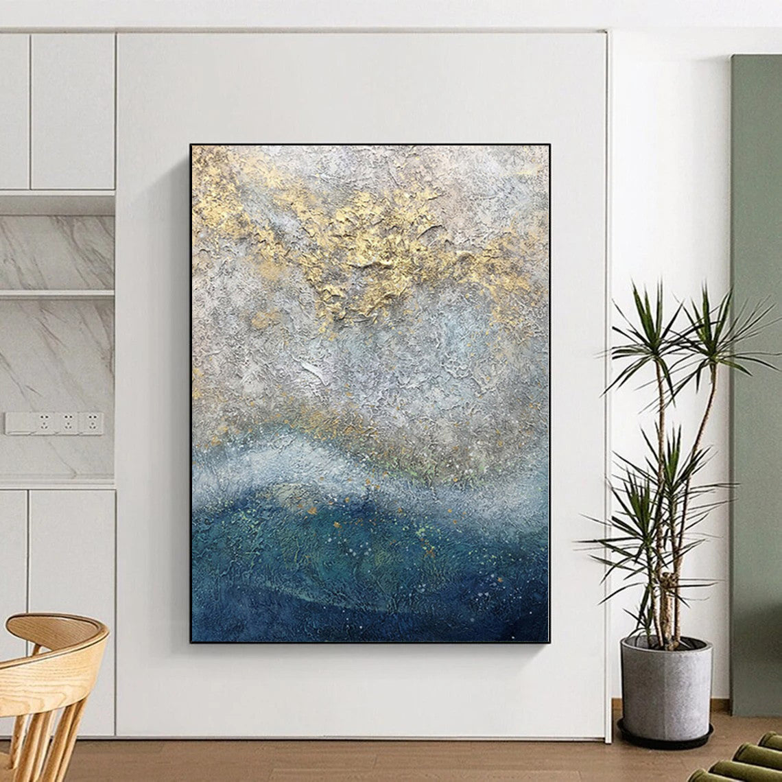 Hand-Painted Gray, Blue, and Gold Textured Abstract Painting For Sale HS005