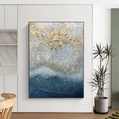 Hand-Painted Gray, Blue, and Gold Textured Abstract Painting For Sale HS005