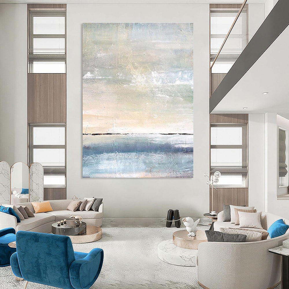Light Blue, Beige, and White Textured Abstract Seascape Painting For Sale Online WS471