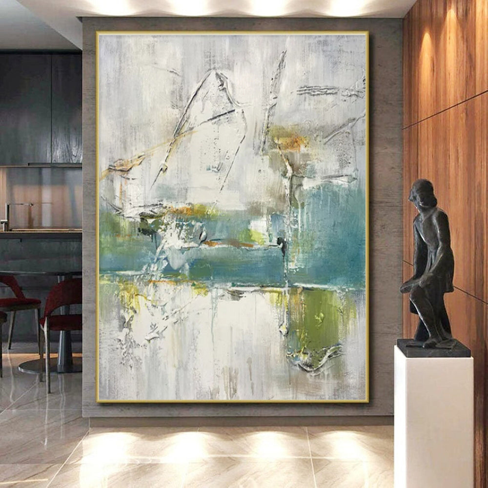 Large Painting In Living Room Gray, Blue, and Green Textured Abstract Art HS609