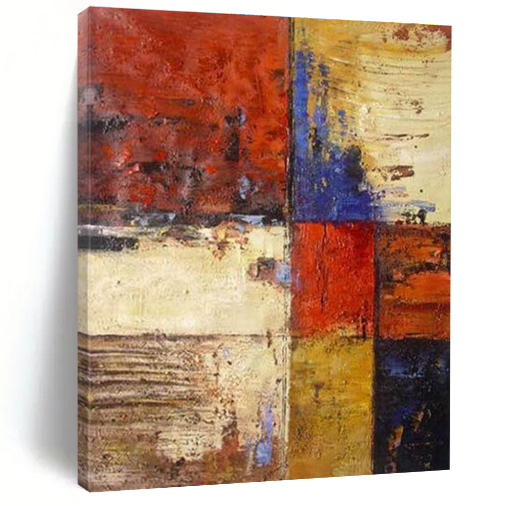 Big Painting Red, Blue, Yellow & Brown Abstract Geometric Blocks Art HS385