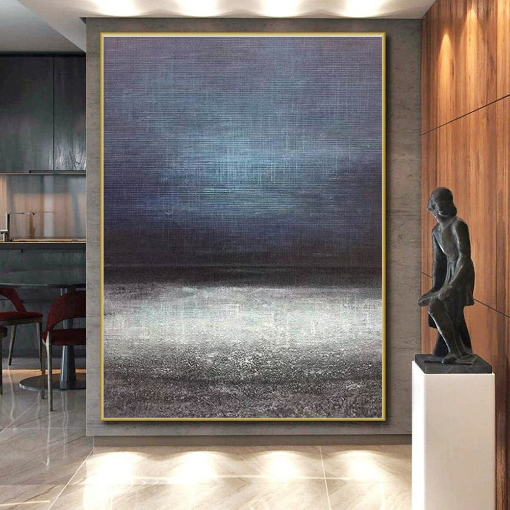 Unique Abstract Art Blue & Gray Textured Landscape, Large Contemporary Wall Art HS253