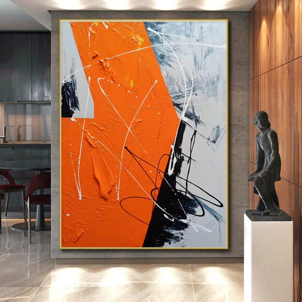 Oversized Abstract Wall Art Orange, Black & White Energetic Line Art HS409