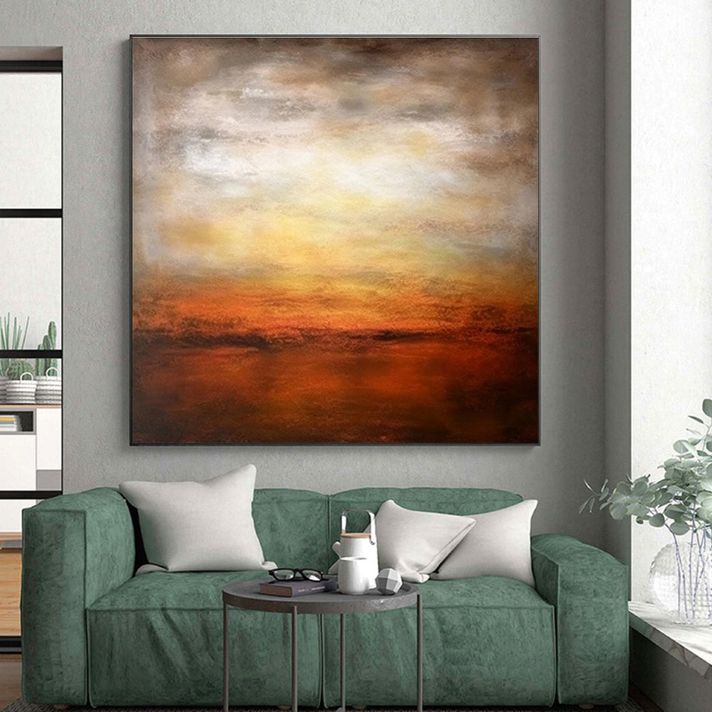 Hand Painted Art Orange, Yellow & Brown Abstract Sunset Landscape Art HS383