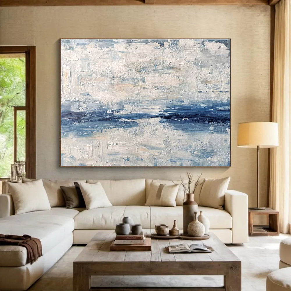 Big Size Blue and White Abstract Textured Landscape Painting WB145