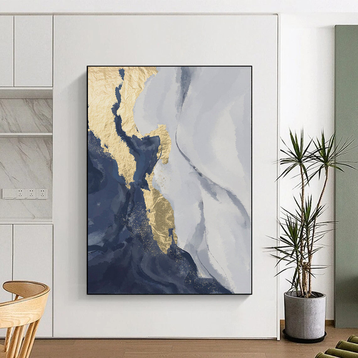 Gaint Canvas Art Blue, Gray, and Gold Abstract Marble Painting For Sale HS084