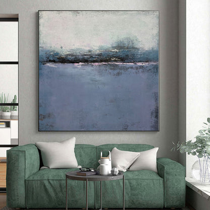 Hand-Painted Blue and Gray Abstract Misty Landscape Painting For Sale HS051