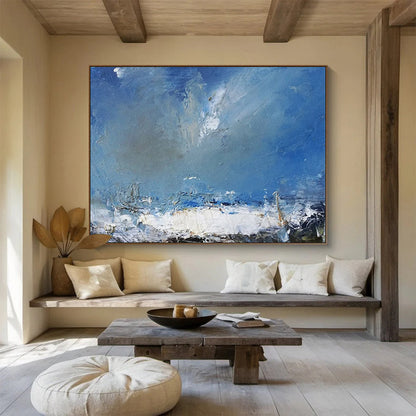 Huge Size Blue, White, and Multicolor Abstract Stormy Sea, Abstract Oil Painting WB186