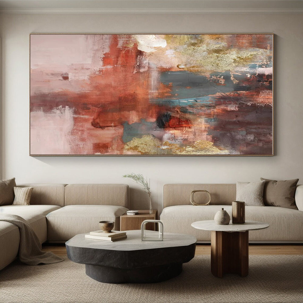 Large Contemporary Wall Art with Red, Gray, Gold, Beige - Unique Abstract Art for Living Room HS508