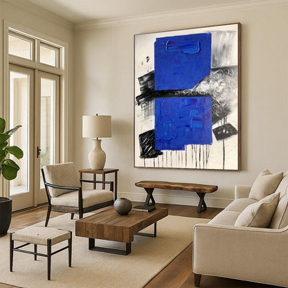 Hand-Painted Blue, Black & White Textured Abstract, Acrylic Modern Art Painting HS411