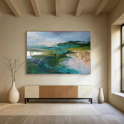 Green, Teal, Gold Abstract Landscape Painting – Textured Acrylic Art WB043