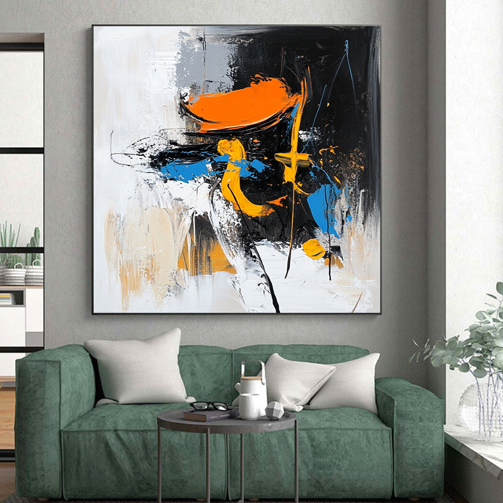 Acrylic Modern Art Paintings Black, White, Orange, and Blue Abstract Expressive Painting For Sale HS144
