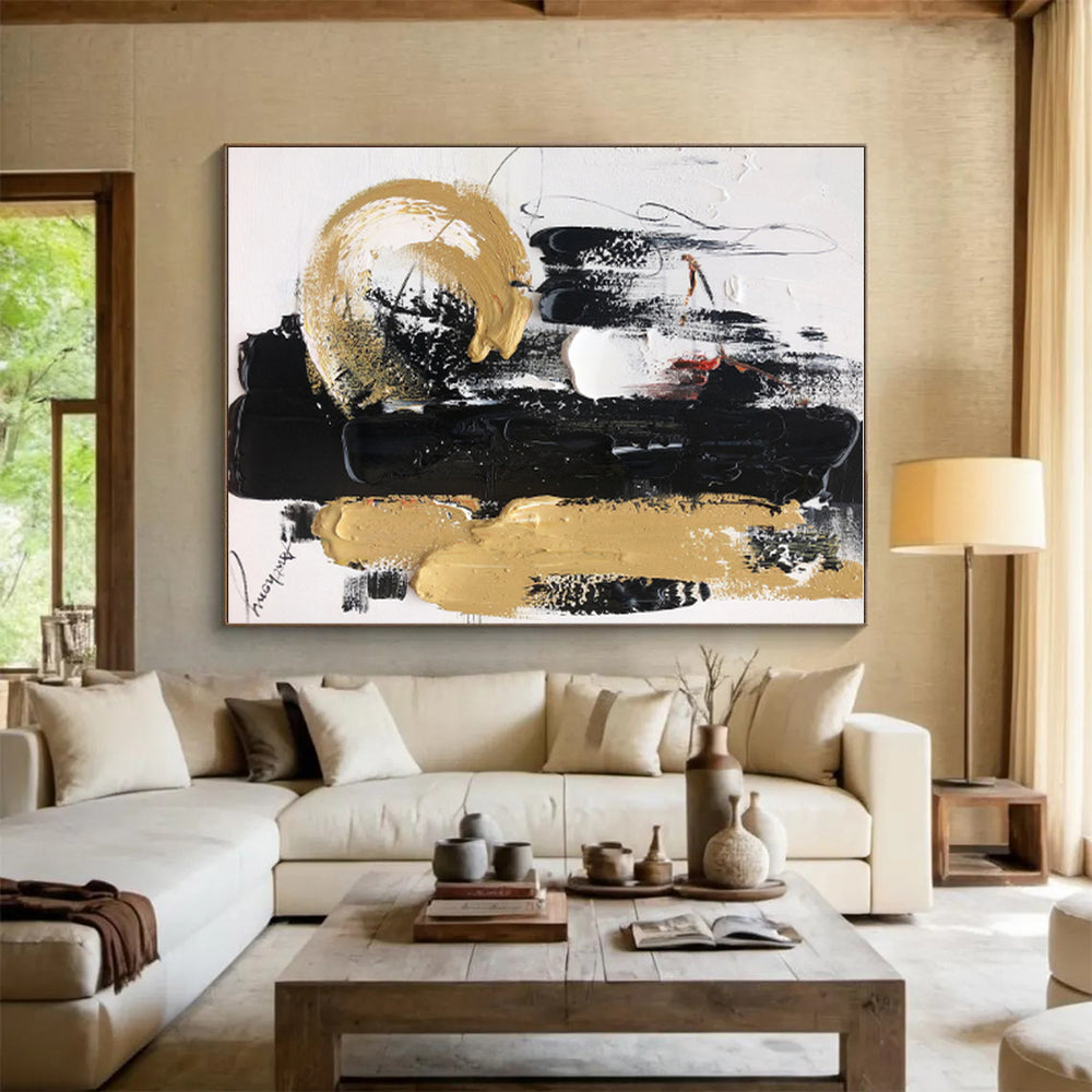 Acrylic Modern Art Paintings with Black, White, Gold and Beige Colors, Dynamic Abstract Theme HS474