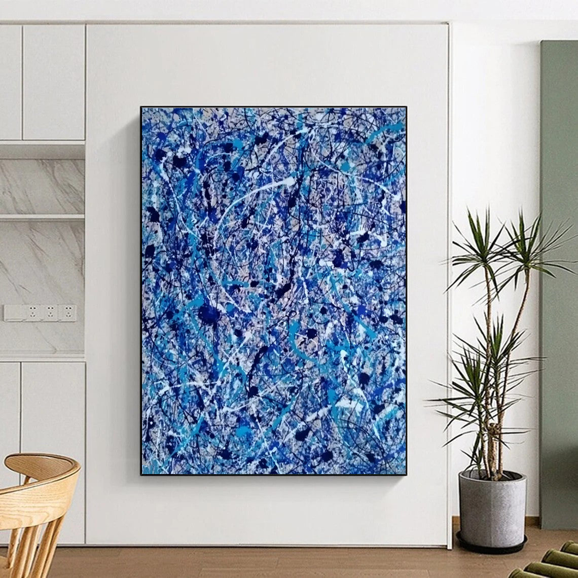 Cool Abstract Paintings Blue, White, and Black Splatter Abstract Art HS605