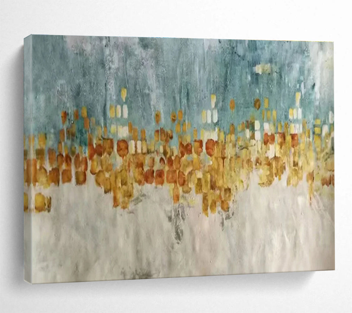 Contemporary Abstract Art: Turquoise and Gold Cityscape Abstract Painting WB367