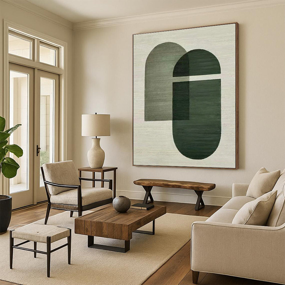 Hand-Painted Minimalist Canvas Art with Green, Gray Geometric Forms - Modern Art Acrylic HS514